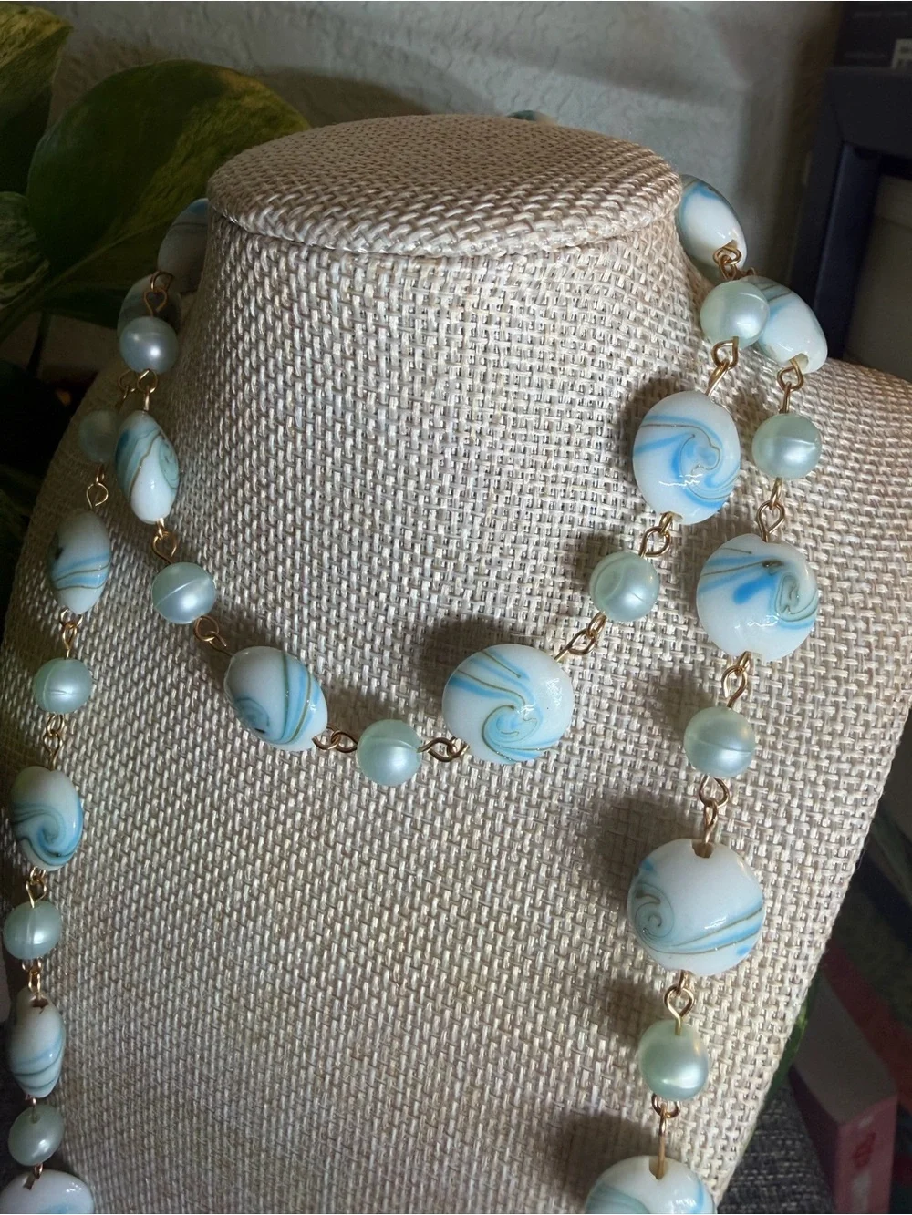 Handmade Aqua Swirl Beaded Eyeglass Chain with Faux Pearl Accents